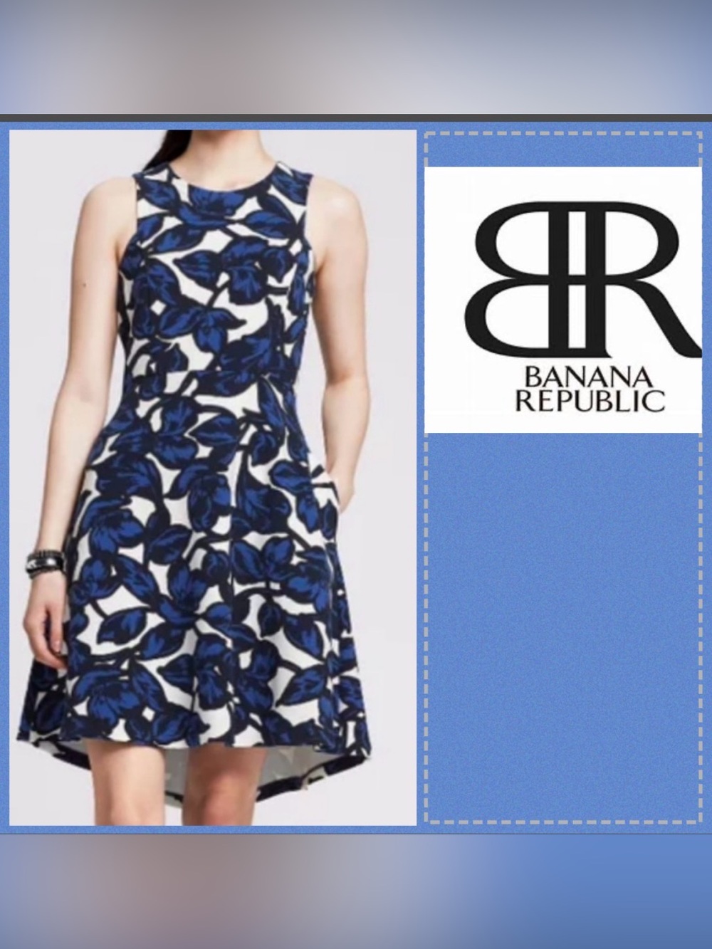 Banana Republic Petite Sleeveless Dress with Bold Blue and White Floral Print